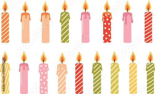 Colorful birthday candles vector set with striped and patterned wax candles isolated on white for celebration party cake and festive design
