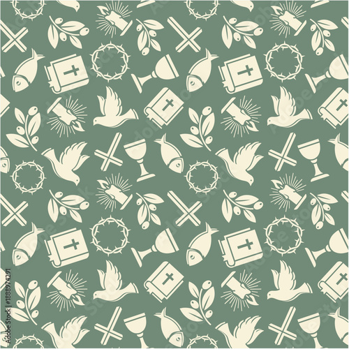 Peaceful Christian Easter Seamless Pattern with Sage Green and Cream Religious Icons for Spiritual Decor