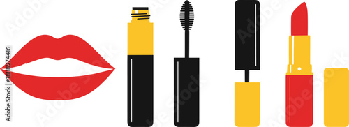 Red lips and cosmetic makeup icons set including mascara tube, brush, and lipstick in flat vector style