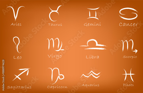Zodiac signs, astrology cards set. Horoscope symbols on posters. Aries, libra, aquarius, virgo, scorpio, gemini, taurus and pisces silhouettes, celestial esoteric designs. Flat orange vector illustrat