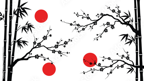 Vector set of Japanese bamboo branches, cherry blossom flowers, and red sun symbols, cad drawing flat vector illustration, isolated on white background.