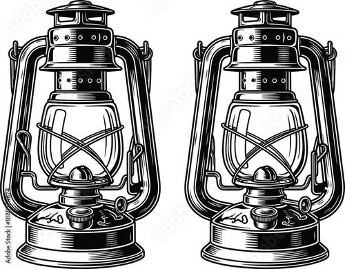 Vintage kerosene oil lantern lamp set isolated on white background for camping light cad drawing flat vector illustration rustic design