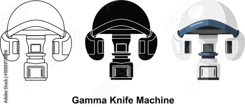 Gamma Knife machine icons in outline solid black and color vector styles representing advanced medical technology for radiosurgery