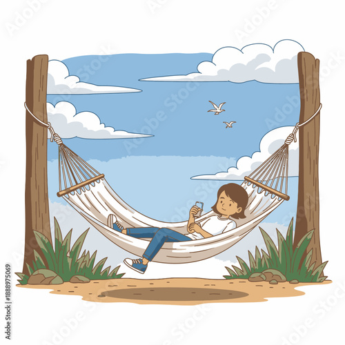 Woman Relaxing in Hammock with Coffee.