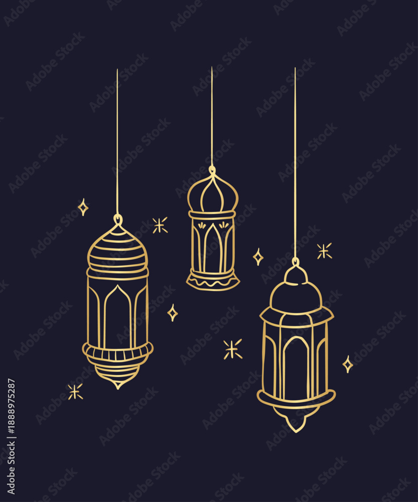 Fototapeta premium Ramadan Islamic Hanging Lantern Gold Line Art Illustration on Dark Background