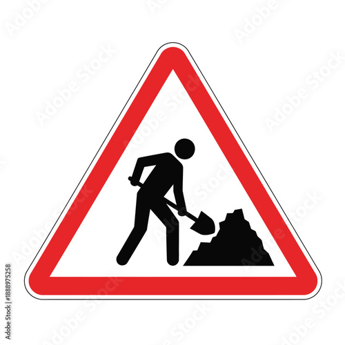 Vector illustration icon road work ahead warning sign with a worker and pile of dirt
