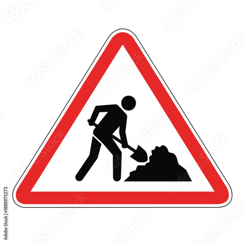 Vector illustration icon road work ahead triangular sign with a worker and pile of dirt