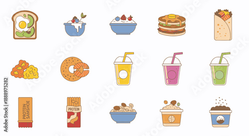 Assorted Cartoon Food and Drink Icons.