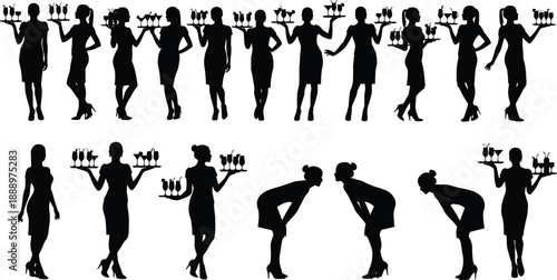 Waitress silhouette set with professional servers carrying cocktail drink trays, catering staff providing hospitality service, restaurant hostess poses, vector illustration collection