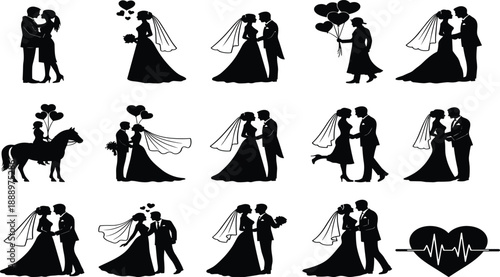 Wedding couple silhouettes set with bride and groom silhouettes on horse with balloons heart and heartbeat line cad drawing flat vector illustration