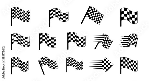 Collection of checkered racing flags in various positions a black silhouette