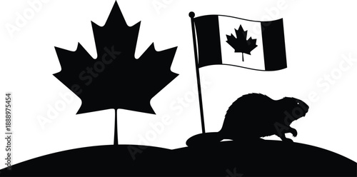 Canadian silhouette illustration featuring maple leaf, waving flag, and beaver on hill in black vector style representing patriotism and national identity.