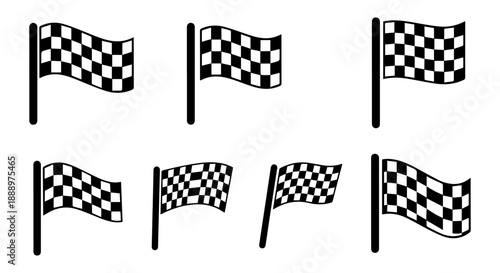 Six checkered flags waving in different directions a graphic silhouette