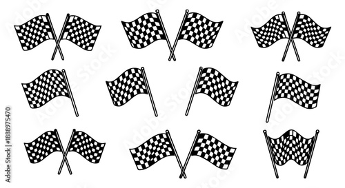 Compilation of checkered racing flags with start line finish line black and white motorsport isolated