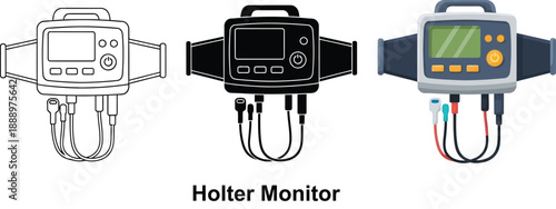 Holter monitor set including line art silhouette and color illustration for medical diagnostics and cardiology concepts isolated on white background
