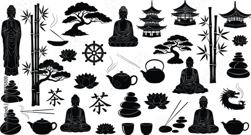 Zen and Buddhism silhouette collection including Buddha statues pagoda temples bonsai trees bamboo and lotus flowers isolated on white background, set