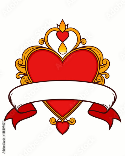 A decorative red heart emblem with a blank banner, vector