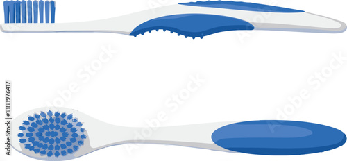 Toothbrush front and back view with blue handle and bristles isolated for dental hygiene flat vector illustration