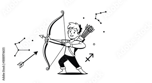 Sagittarius zodiac sign illustration featuring a young archer with a bow and arrow surrounded by constellation stars in a cute cartoon style.