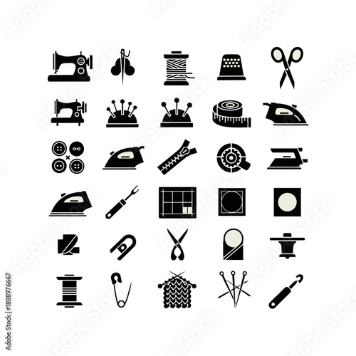 A comprehensive collection of black silhouette icons representing various sewing, tailoring, and haberdashery tools.