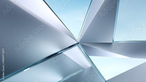 Abstract geometric design featuring reflective surfaces and sharp angles against a soft blue sky background creating a tranquil and modern atmosphere