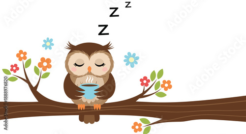 Adorable brown owl sleeping peacefully on a tree branch while holding a blue coffee cup surrounded by colorful flowers and zzz symbols.