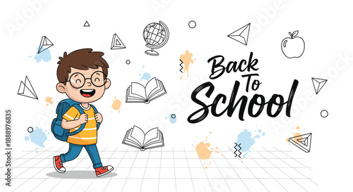 Happy young boy with glasses walking back to school with a backpack surrounded by education icons like books a globe and an apple.