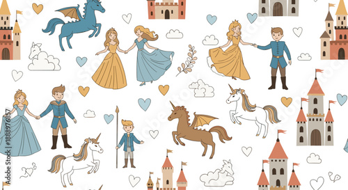 Magical fairy tale seamless pattern with brave princes elegant princesses majestic castles flying dragons and graceful unicorns on white.
