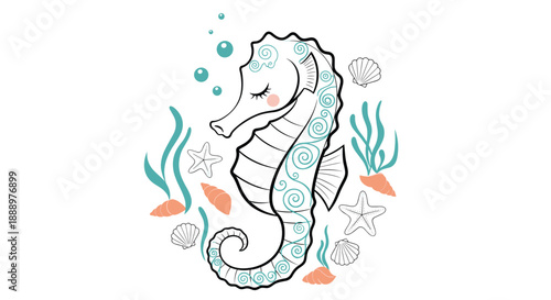 Cute seahorse illustration surrounded by ocean elements like seashells starfish bubbles and seaweed in a soft teal and orange color palette.