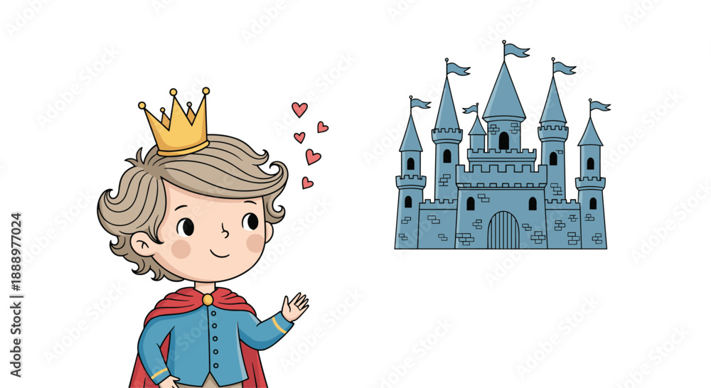Fototapeta premium Little prince with a golden crown and a red cape standing next to his majestic blue castle with small red hearts floating in the air.