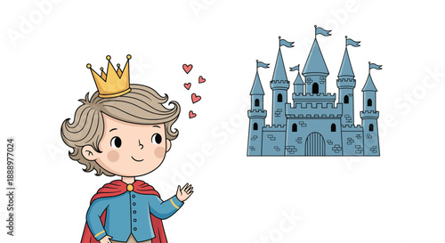 Little prince with a golden crown and a red cape standing next to his majestic blue castle with small red hearts floating in the air.