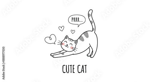 Adorable grey and white striped cat stretching its body with a speech bubble saying prrr and cute cat text on a white background.