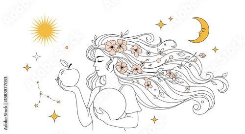 Mystical celestial girl with long flowing hair decorated with flowers holding an apple under a sun moon and starry sky background.