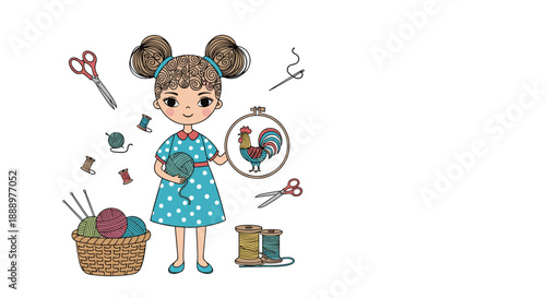 Creative young girl holding an embroidery hoop with a rooster design surrounded by various sewing tools and a basket of yarn balls.