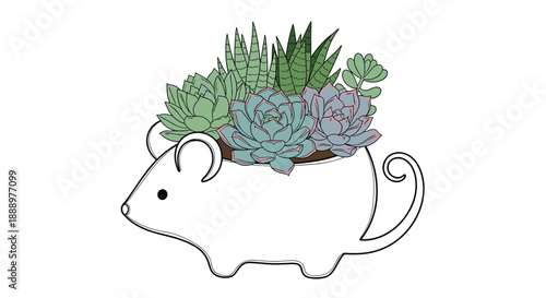 Creative white ceramic planter in the shape of a mouse filled with various green and purple succulent plants on a white background.