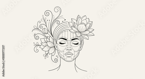 Artistic line drawing of a woman face with lotus flowers and facial massage or acupuncture lines on a soft beige neutral background.