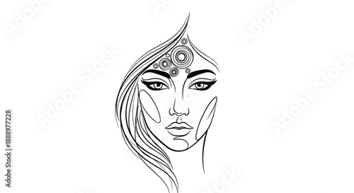 Minimalist line art portrait of a woman face with flowing hair and decorative circular patterns on her forehead in black and white.