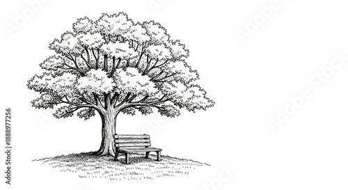 Minimalist Tree and Bench Line Art Sketch - Peaceful Nature Ink Drawing Illustration