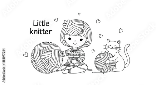 Little girl in a cozy sweater knitting a giant ball of yarn with her cat friend in a cute line art illustration with floating hearts.