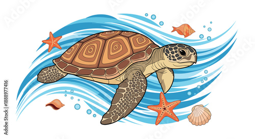 Majestic sea turtle swimming in the ocean waves surrounded by starfish seashells and air bubbles in a vibrant colorful illustration.