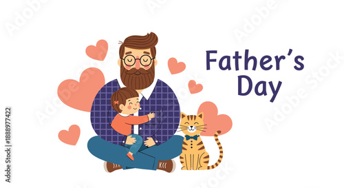 Happy father sitting and hugging his young daughter with their pet cat by their side and a colorful Father Day greeting message.