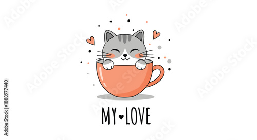 Adorable grey striped cat sitting inside an orange coffee cup surrounded by hearts and dots with my love text label for valentine.