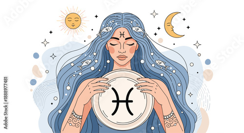 Enchanting illustration of the Pisces zodiac sign featuring a woman with long blue hair holding a plate with the fish symbol.