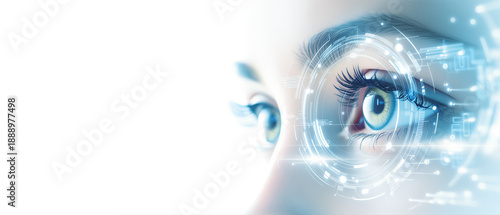 Face and eye closeup of adult female with futuristic circular iris scanner. Concept of modern digital technology, biometrics, big data, internet of things.	

