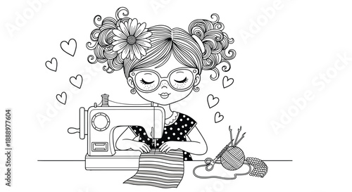 Young girl with pigtails and glasses works diligently at a sewing machine while surrounded by hearts and various craft supplies.