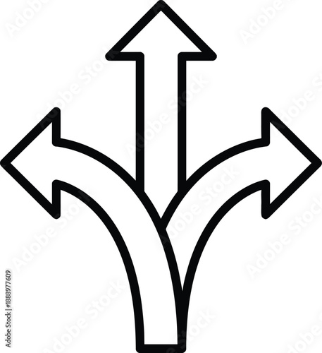 Three branching arrows pointing forward left and right representing choices and directions isolated on a white background