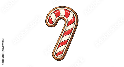 Festive christmas cookie shaped like a candy cane with bright red and white sugar icing stripes against a simple white backdrop.