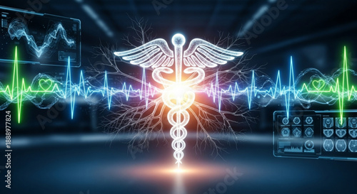 A glowing caduceus symbol with wings spread wide on a futuristic medical background with heart rate and brain wave lines
