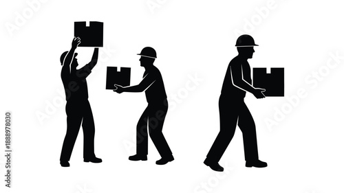 Construction workers carrying boxes in a stark black silhouette