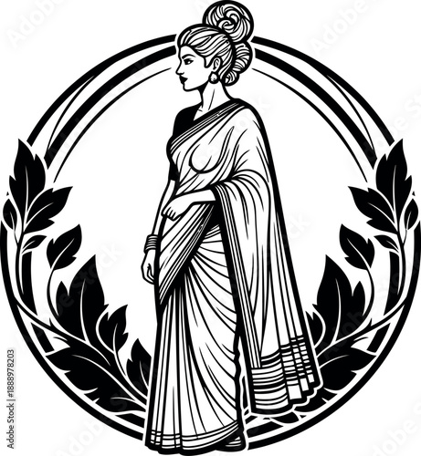 Ancient greek or roman female figure in oval frame with laurel wreath